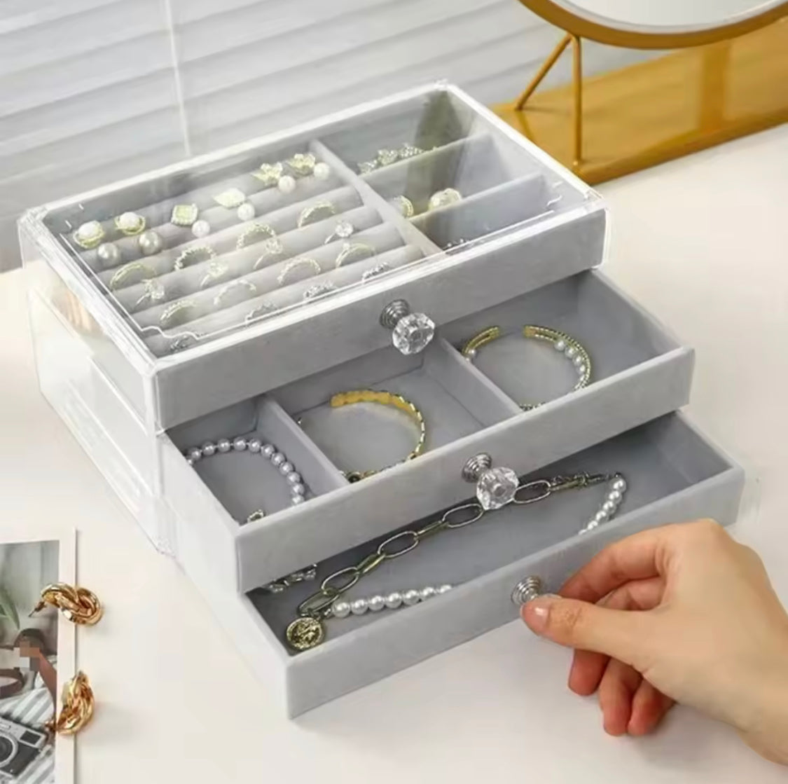 Acrylic 3 Drawer Jewelry Organizer, Velvet Jewelry Organizer Drawer, Jewelry Box Holder, Acrylic Velvet Multi Layer Jewelry Box Organizer, Jewelry Organizer For Earings and Bracelets Acrylic 3 Drawer Jewelry Organizer, Velvet Jewelry Organizer Drawer, Jewelry Box Holder, Acrylic Velvet Multi Layer Jewelry Box Organizer, Jewelry Organizer For Earings and Bracelets